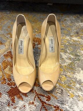 Jimmy Choo Beige Patent Leather Peep-Toe Pumps